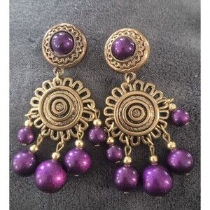 Vtg Purple lucite button dangle clip on earrings Flamenco Or Boho Style 3 In